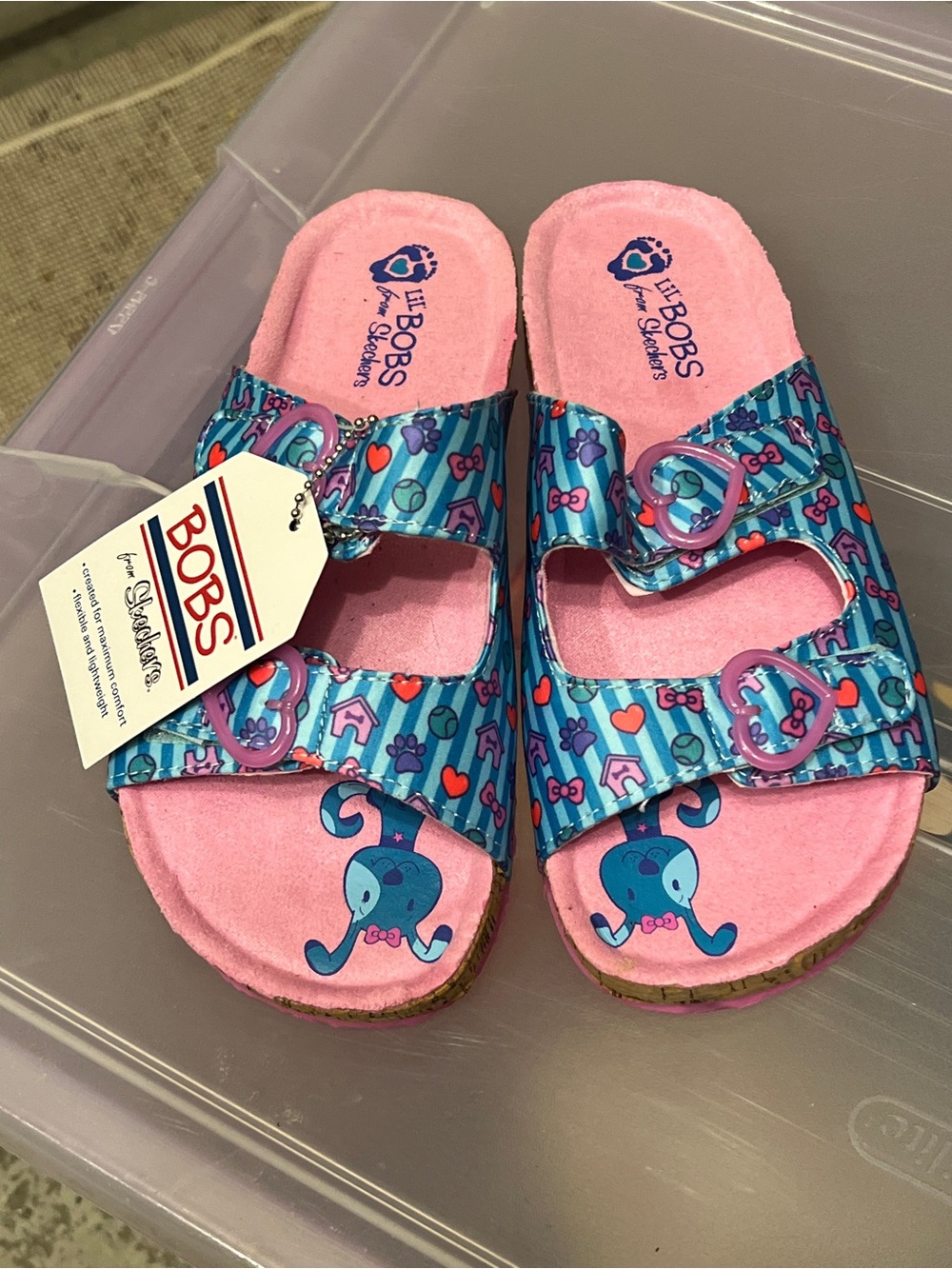 BOBS from Skechers Pink and Blue Cartoon Buckle Slide Sandals